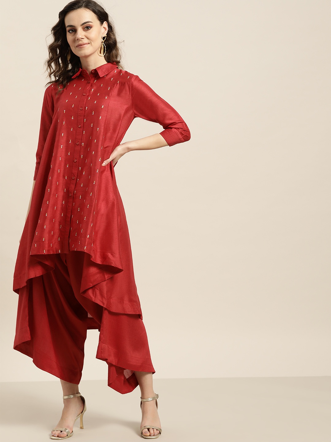

Sangria Women Red & Golden Embroidered Kurta with Dhoti Pants