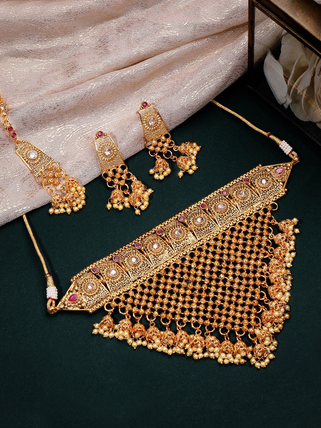 

Rubans Gold-Plated Maroon Stone Studded Jewellery Set With Maang Tika