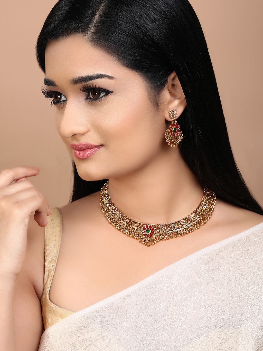 

Rubans Maroon & Green Artificial Stone Studded Gold Plated Jewellery Set