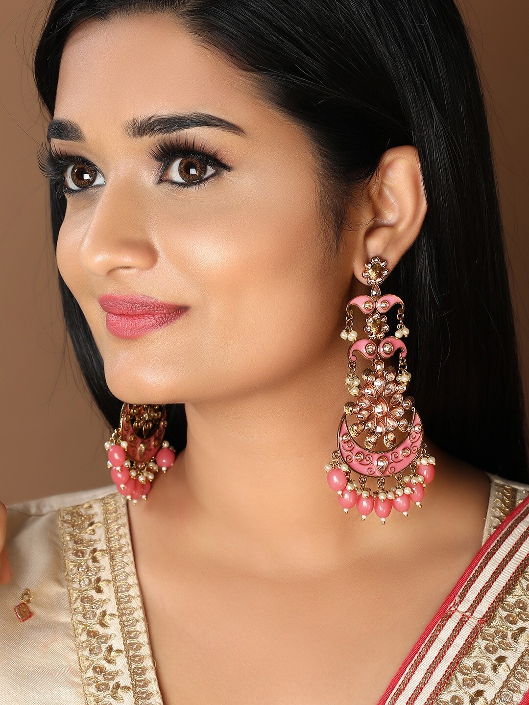 

Rubans Gold-Plated & Pink Enamel Kundan Chandbalis