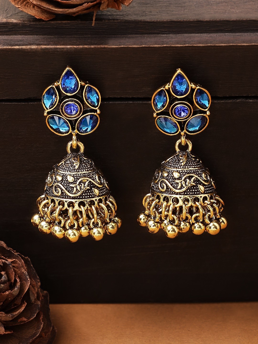 

Rubans Antique Gold-Toned & Blue Embellished Classic Jhumkas