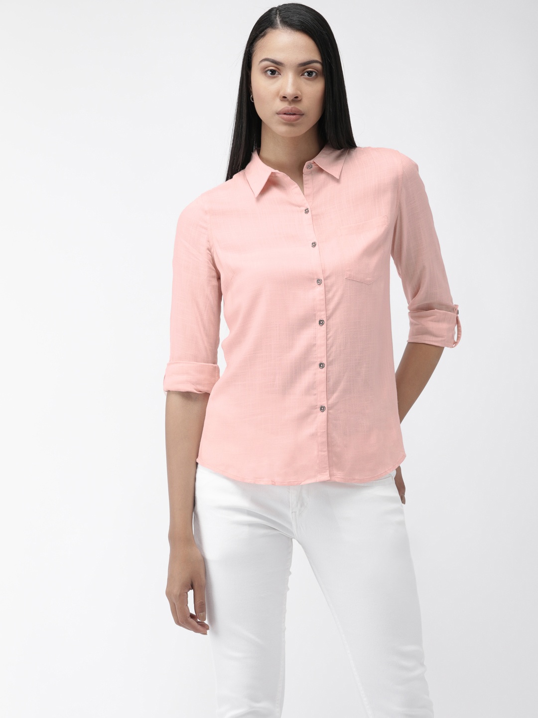 

Flying Machine Women Peach Regular Fit Solid Casual Shirt