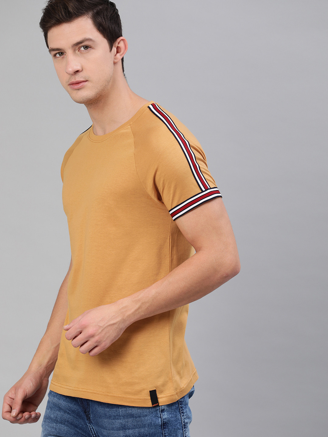 

SINGLE Men Mustard Yellow Solid Round Neck Pure Cotton T-shirt