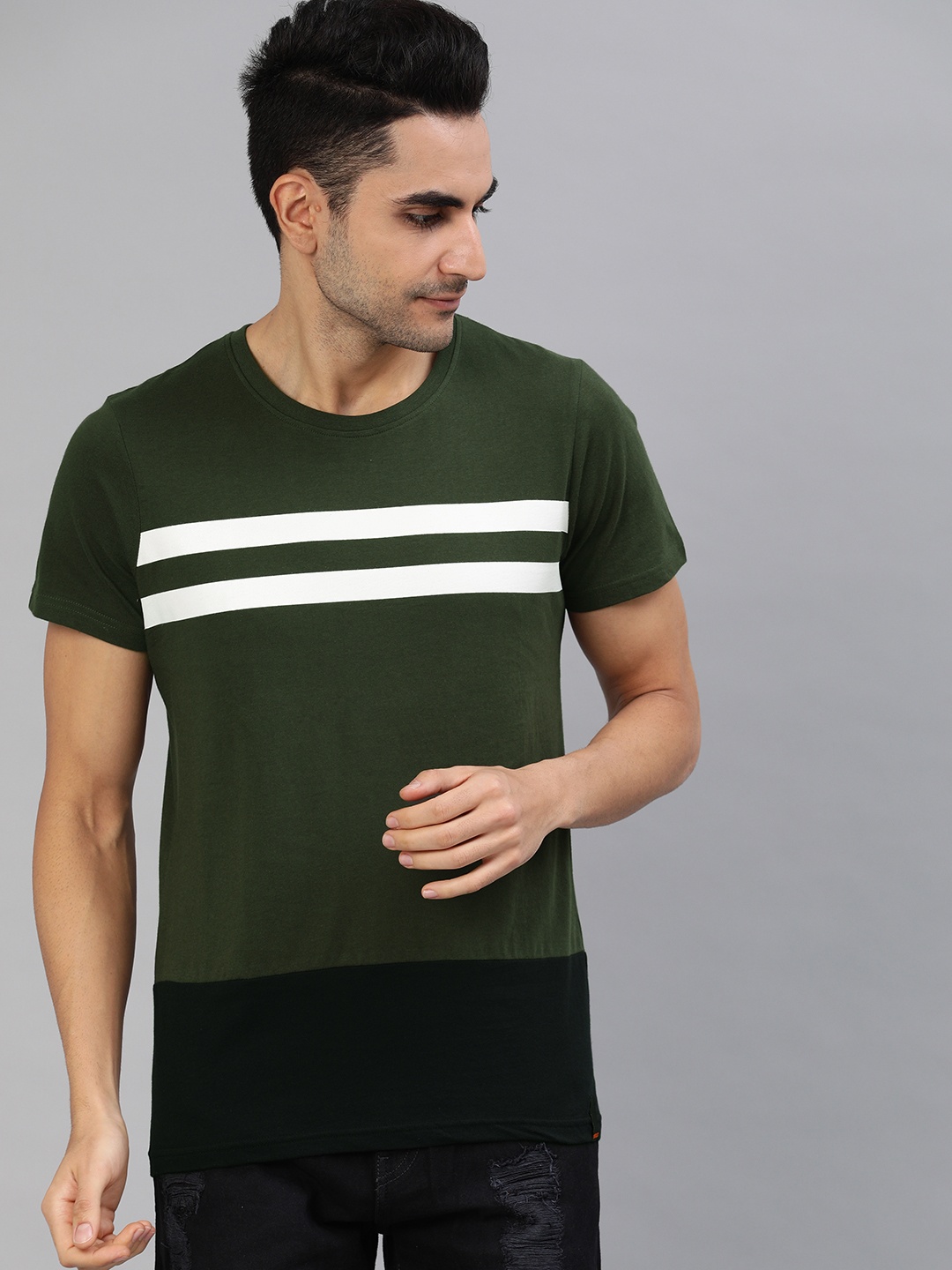 

SINGLE Men Olive Green Black Colourblocked Round Neck Pure Cotton T-shirt