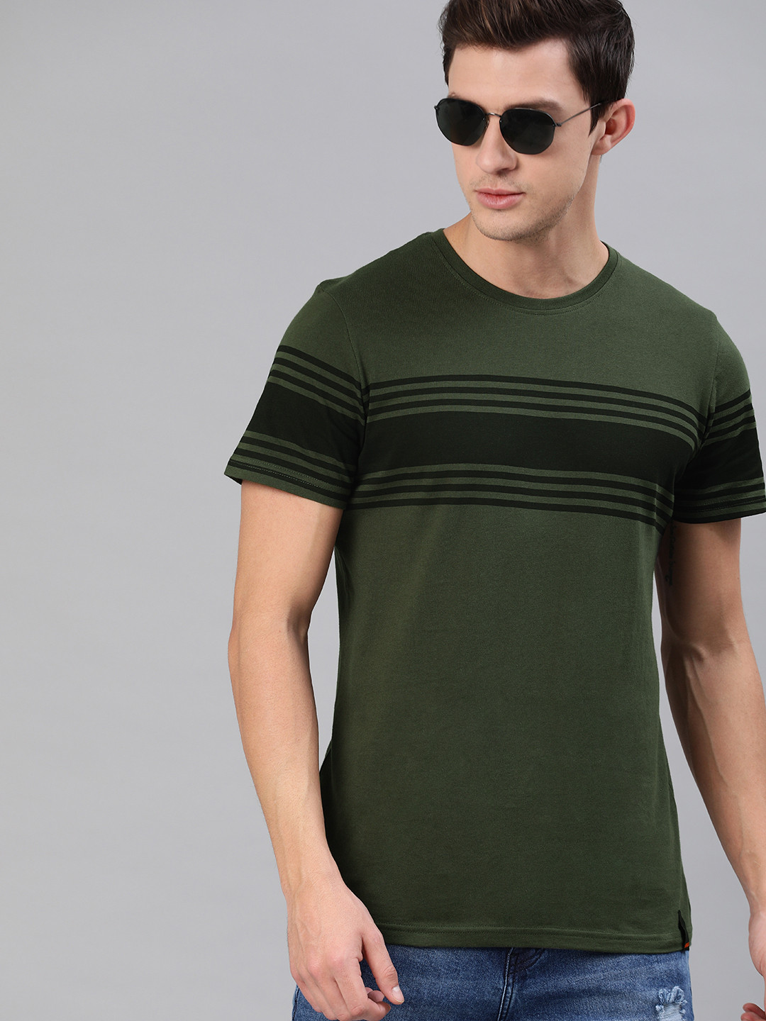 

SINGLE Men Olive Green Black Striped Round Neck Pure Cotton T-shirt