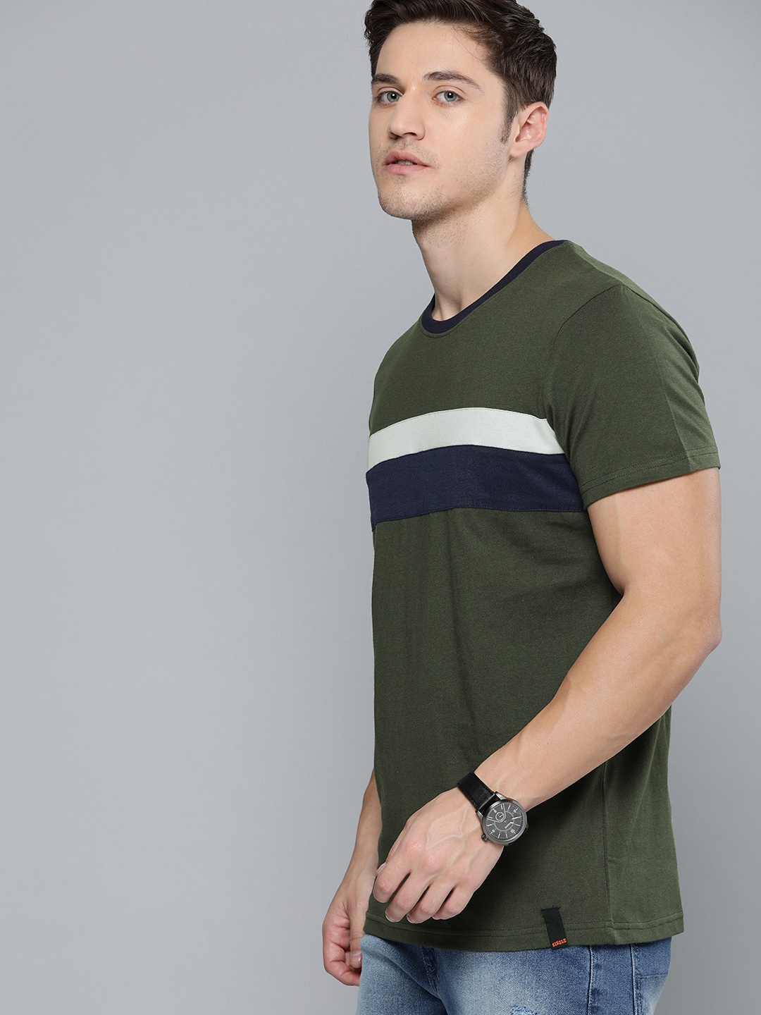 

SINGLE Men Olive Green Striped Round Neck Pure Cotton T-shirt