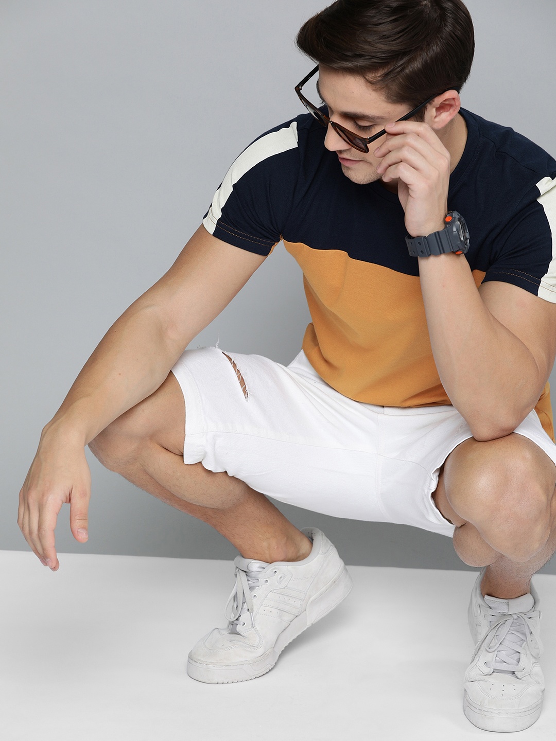 

SINGLE Men Mustard Yellow Navy Blue Colourblocked Round Neck Pure Cotton T-shirt