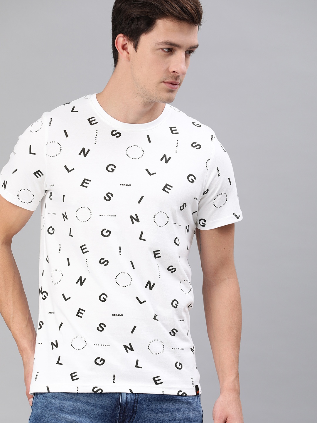 

SINGLE Men White Slim Fit Printed Round Neck Pure Cotton T-shirt