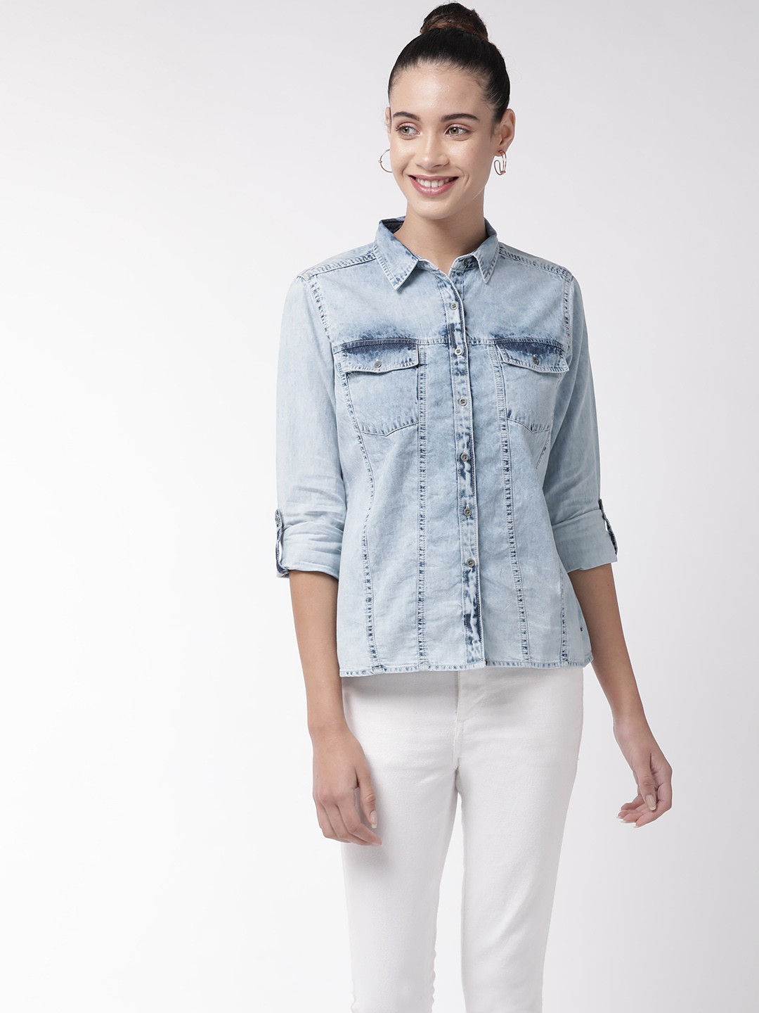 

Flying Machine Women Blue Regular Fit Faded Casual Shirt