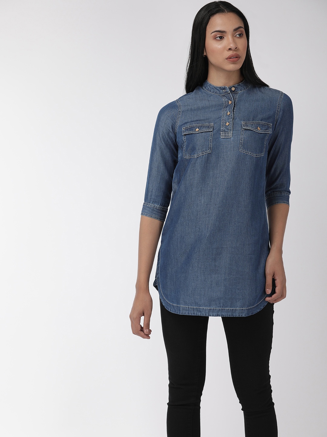 

Flying Machine Women Blue Solid Slim Fit Longline Shirt Style Chambray Top