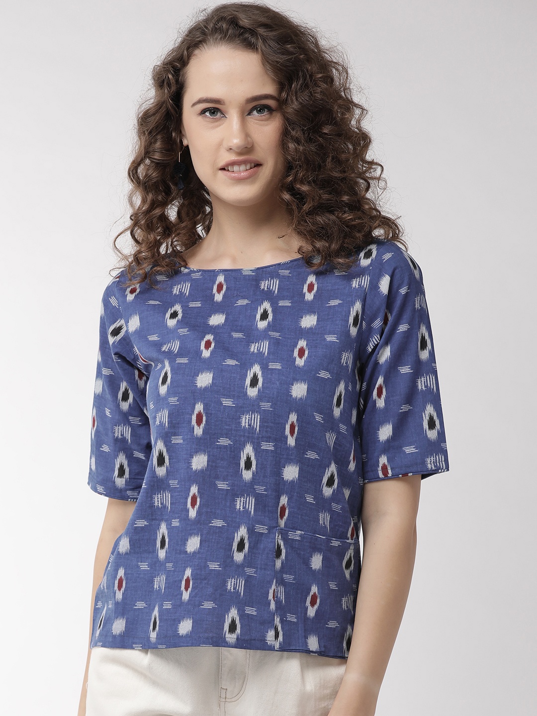 

InWeave Women Navy Blue & White Printed Pure Cotton Top