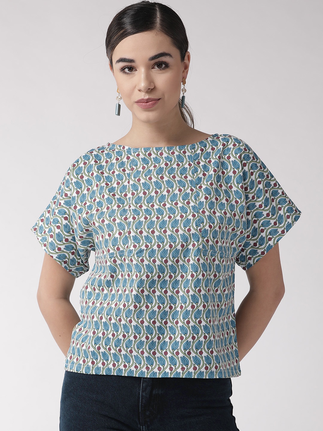 

InWeave Women Off-White & Blue Printed Boxy Top