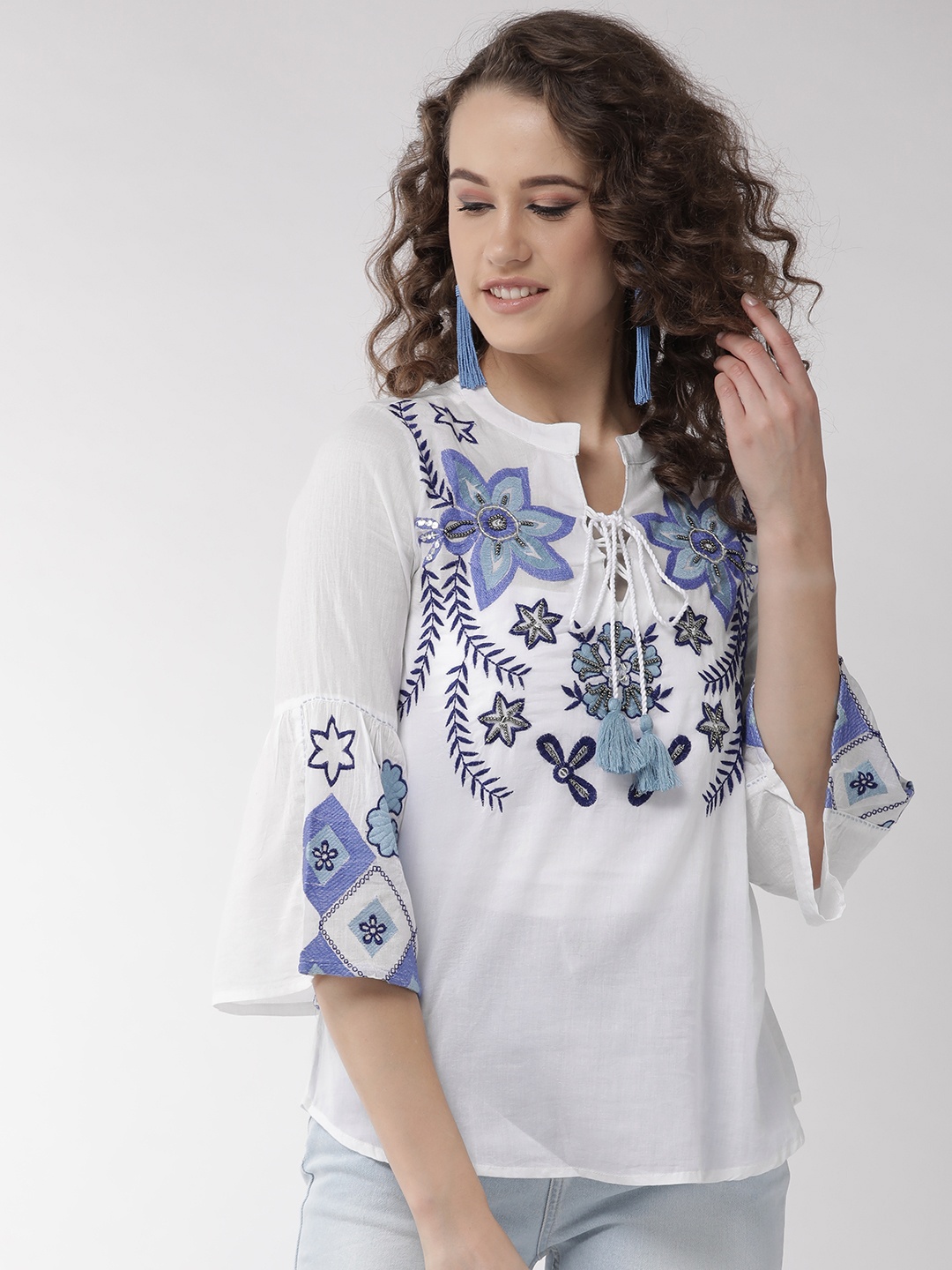 

InWeave Women White & Blue Embroidered Top