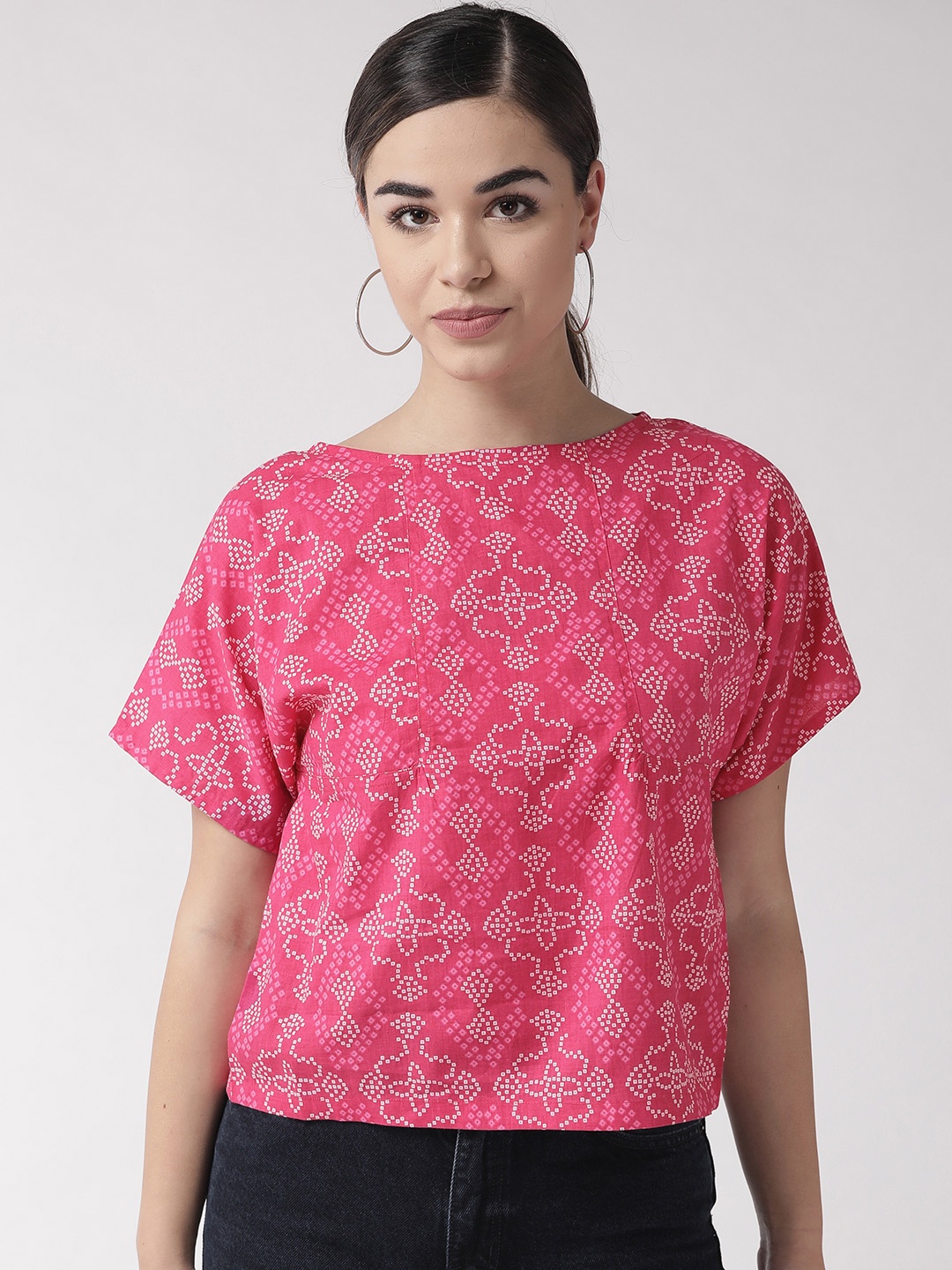 

InWeave Women Pink & White Bandhani Print Boxy Top