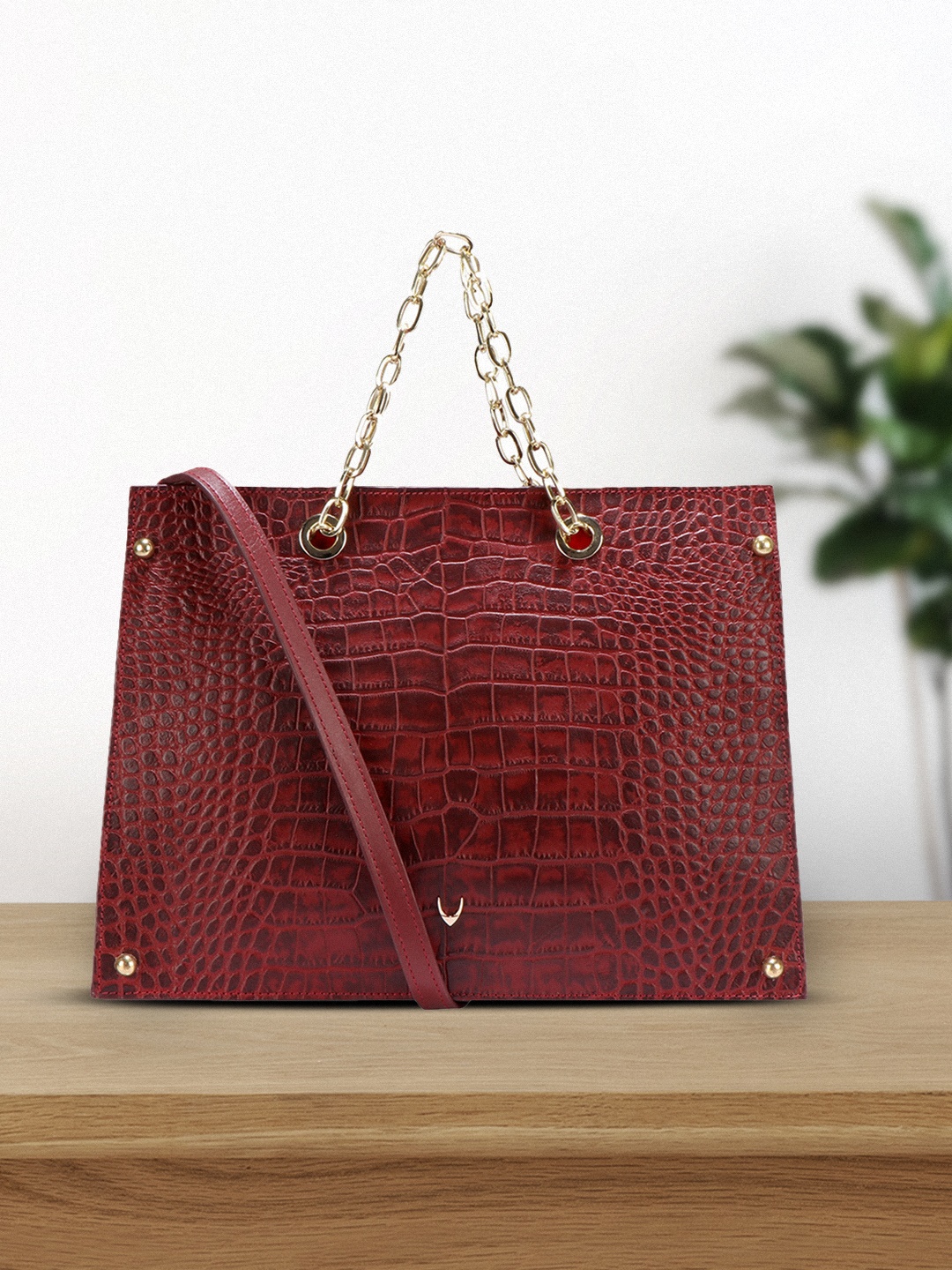 

Hidesign Red Crocodile Textured Leather Handheld Bag, Maroon