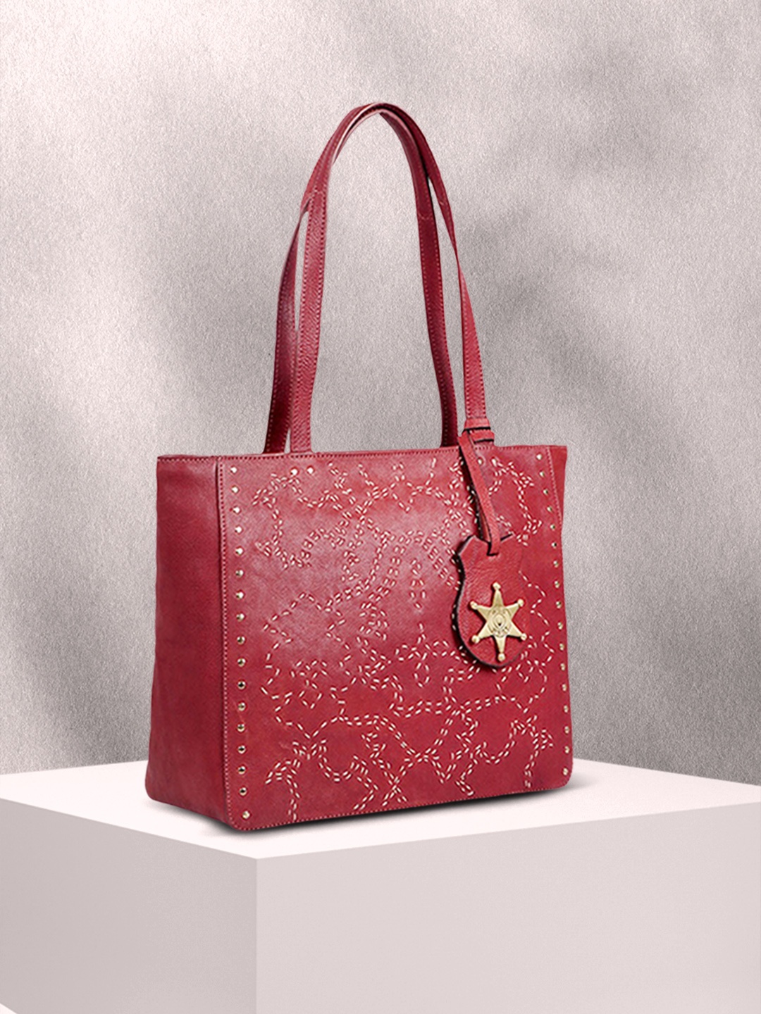 

Hidesign Red Self Design Leather Shoulder Bag