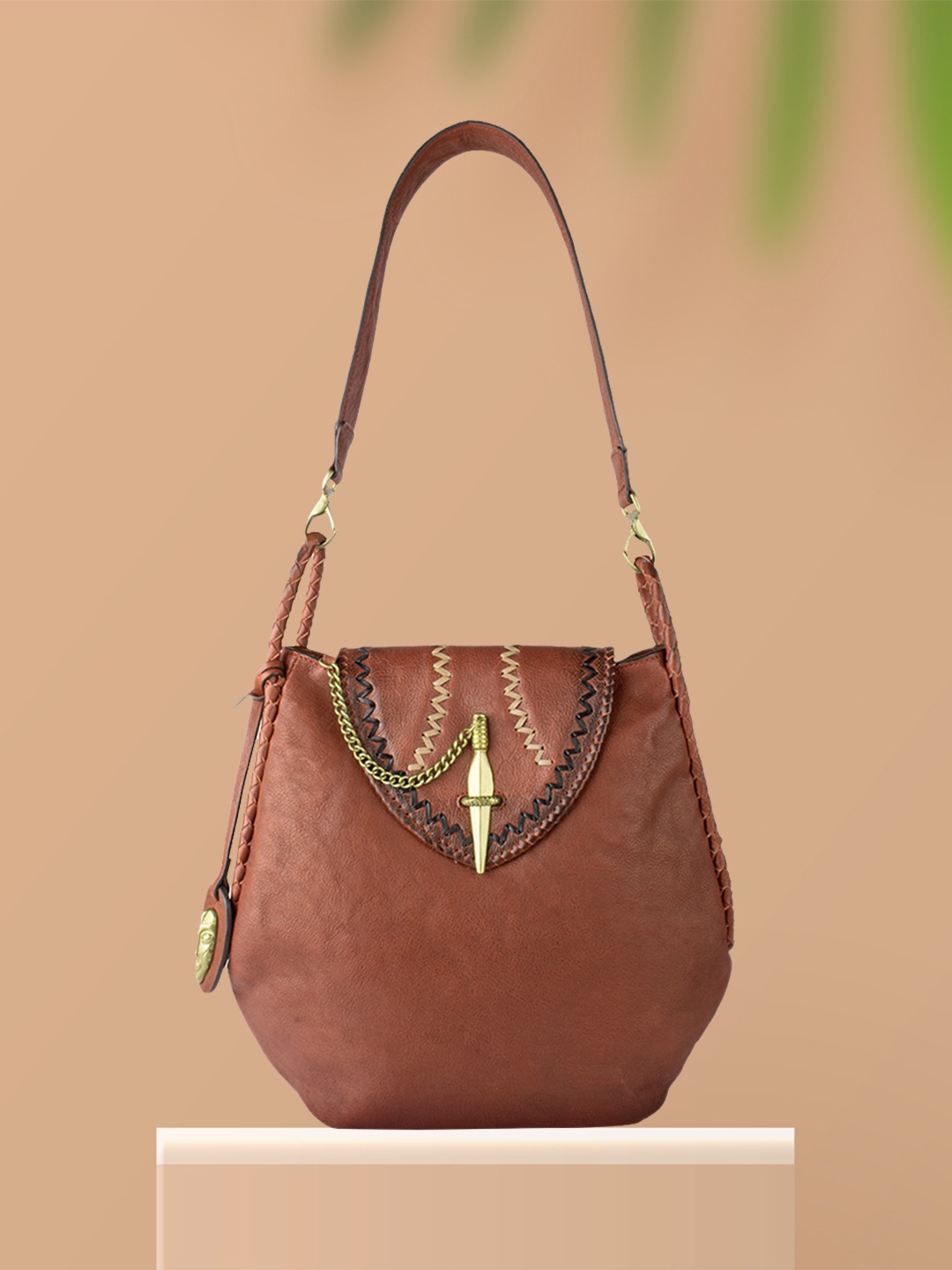

Hidesign Tan Brown Solid Leather Shoulder Bag