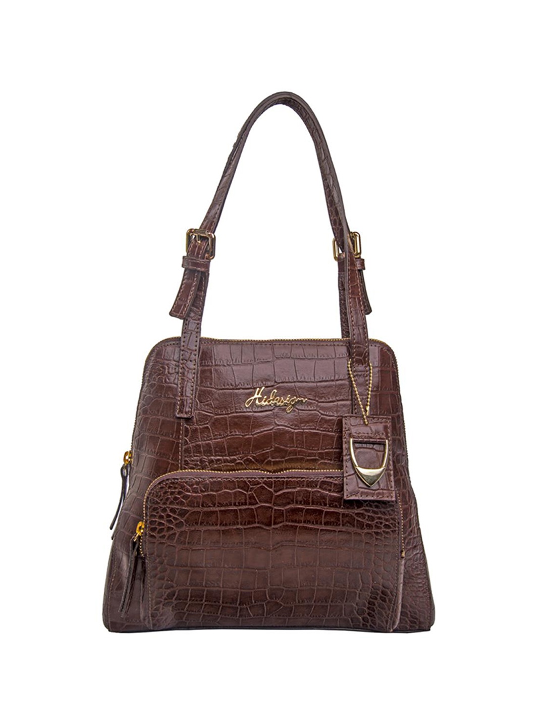 

Hidesign Brown Crocodile Skin Textured Leather Shoulder Bag