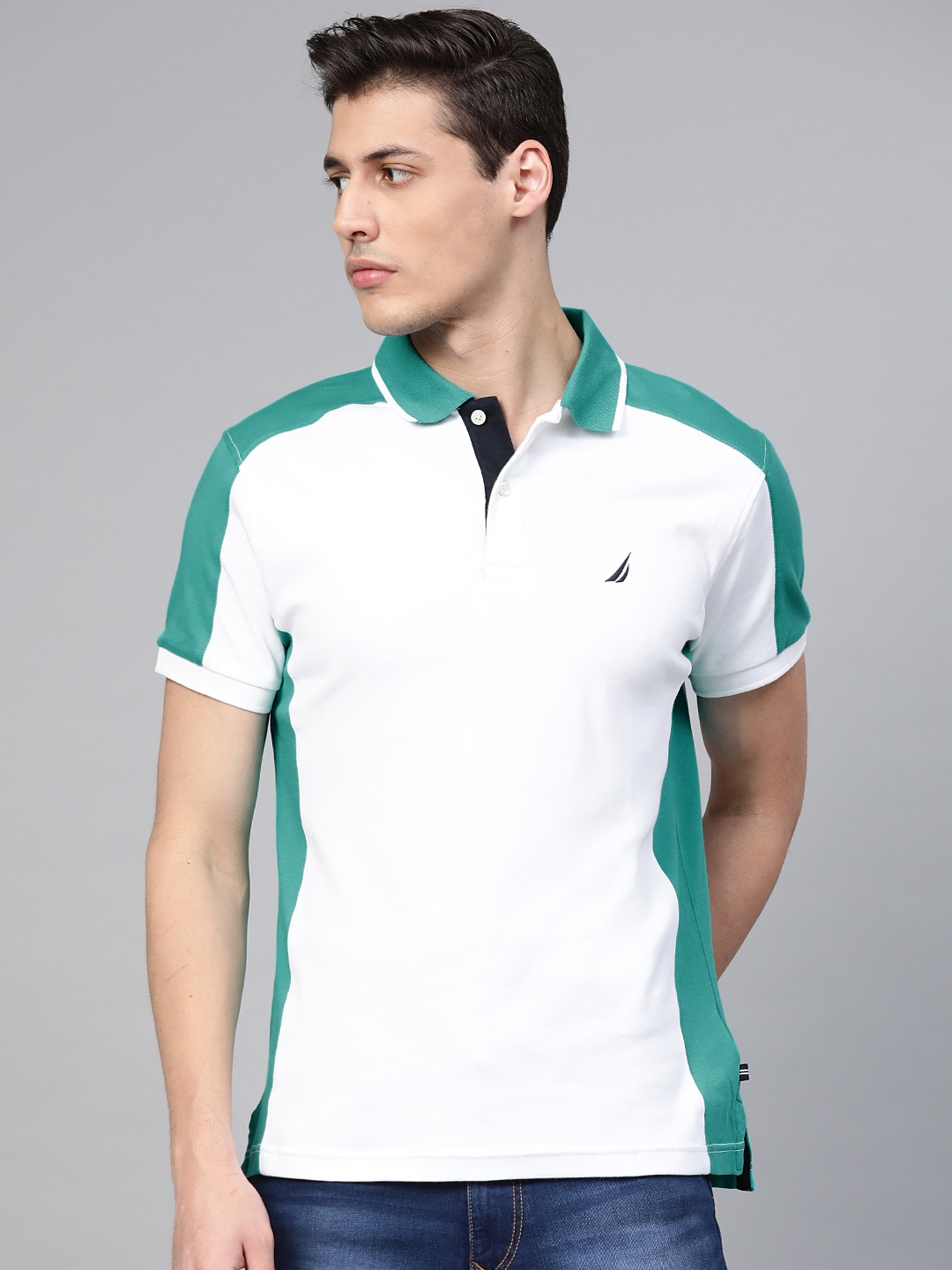 

Nautica Men White Green Colourblocked Polo Collar Pure Cotton T-shirt