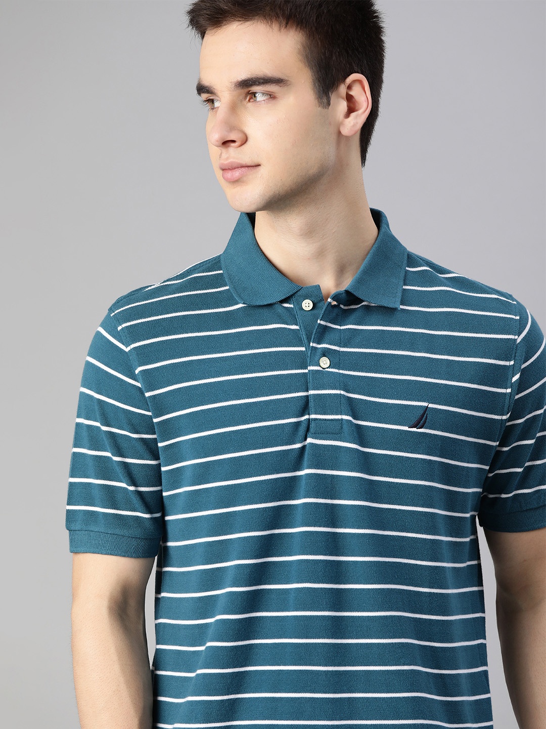 

Nautica Men Teal Blue & White Striped Polo Collar T-shirt