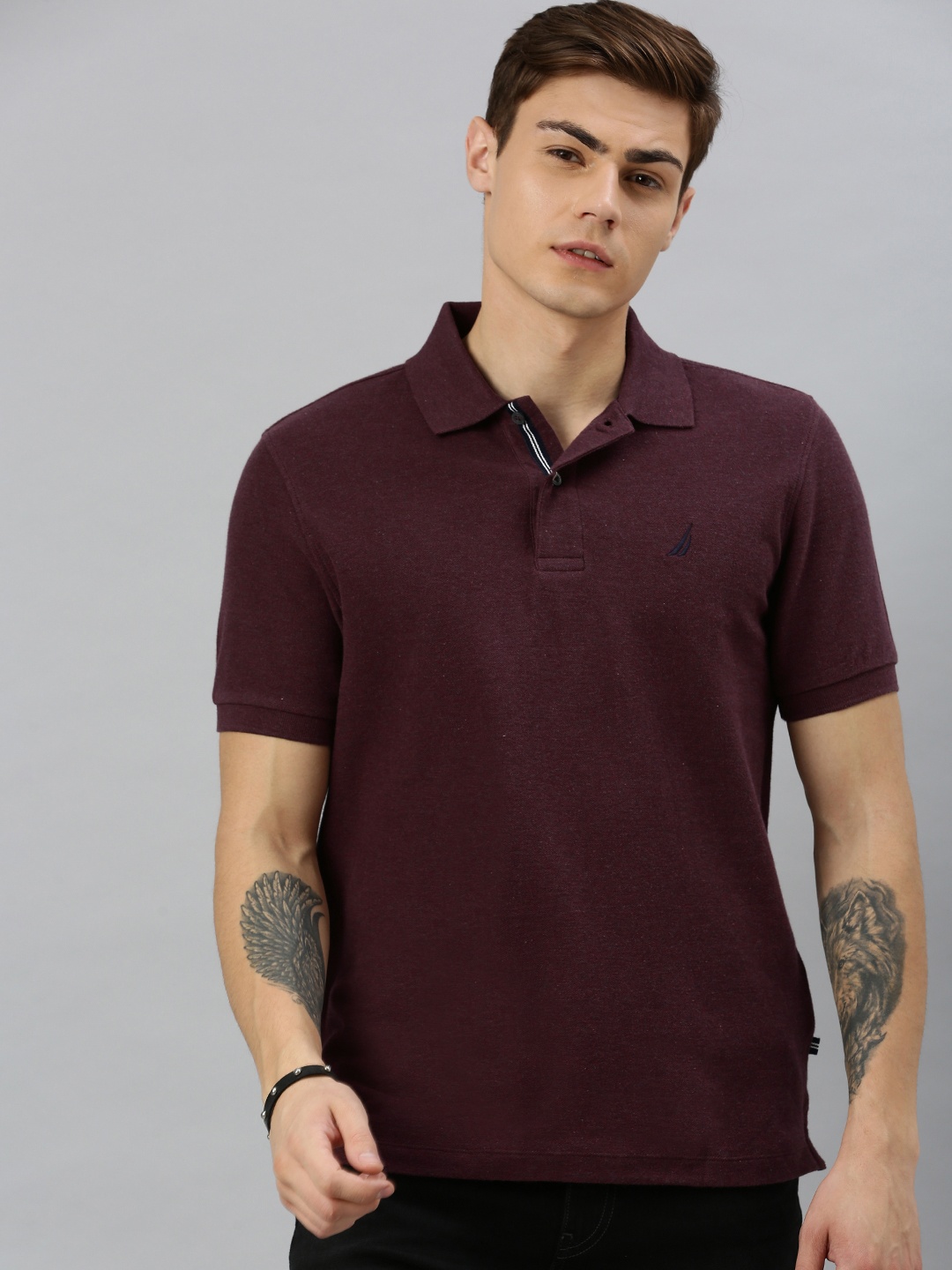 

Nautica Men Burgundy Solid Polo Collar Pure Cotton T-shirt