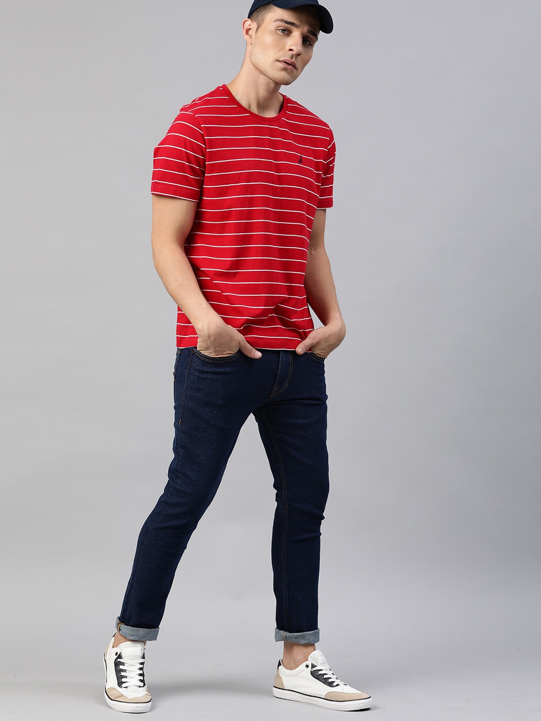 

Nautica Men Red & White Striped Round Neck T-shirt