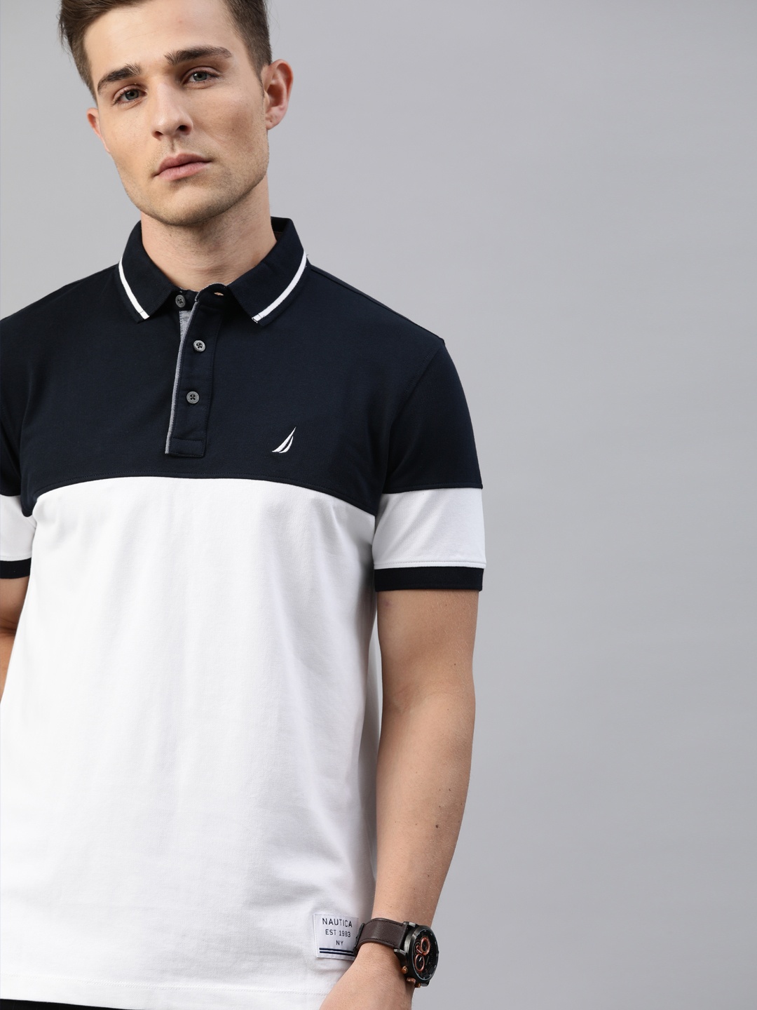 

Nautica Men White & Black Colourblocked Polo Collar T-shirt