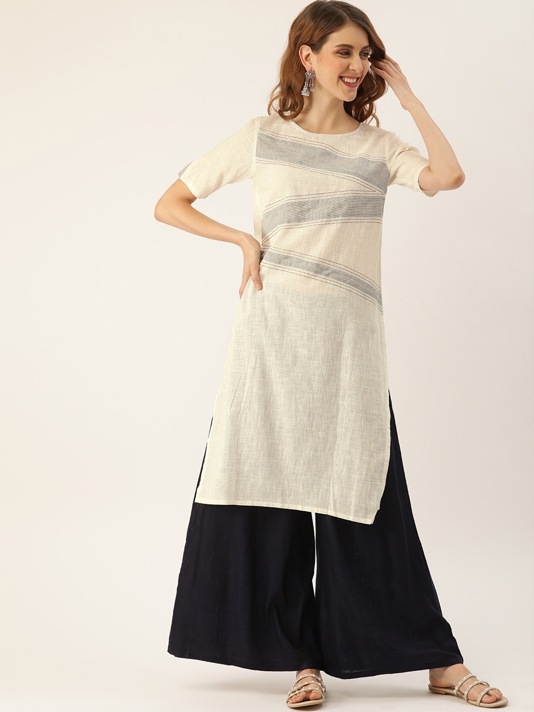 

IMARA Women White & Black Printed Straight Kurta