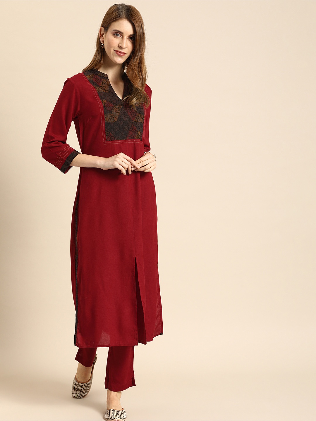 

IMARA Women Maroon Printed Kurta with Trousers
