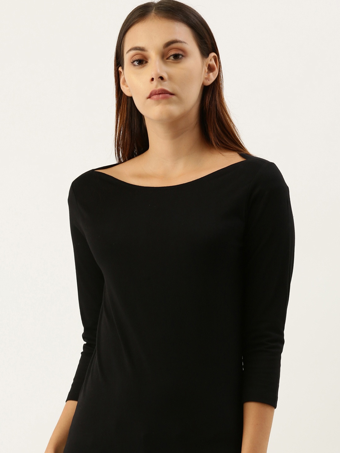

ether Women Black Solid Boat Neck T-shirt