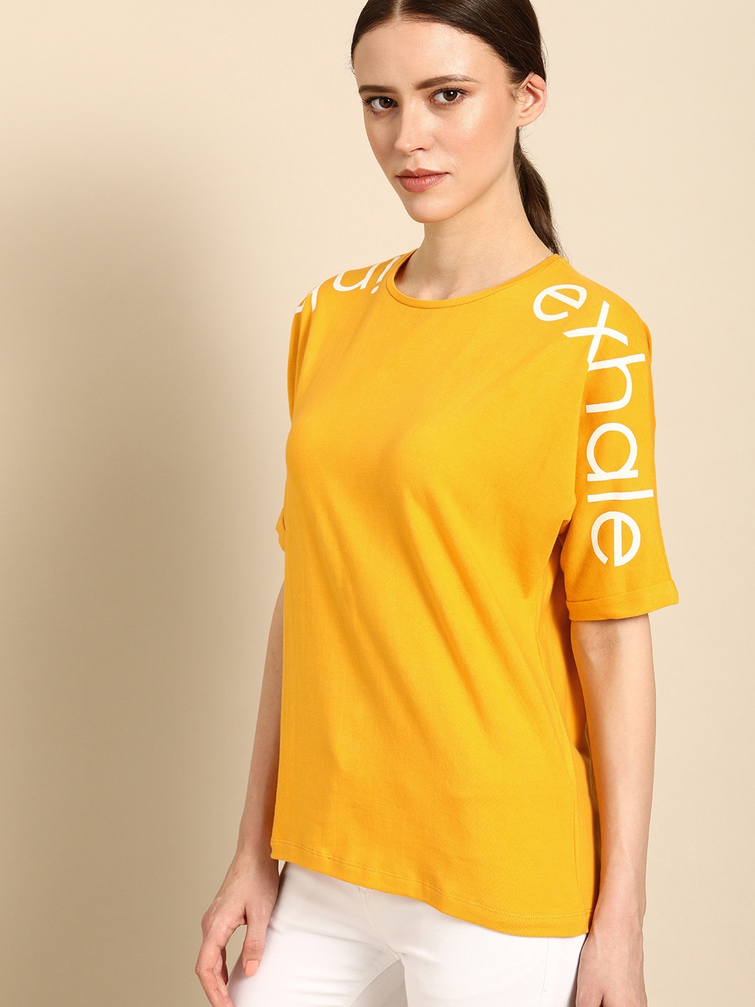 

ether Women Mustard Yellow Printed Round Neck Pure Cotton T-shirt