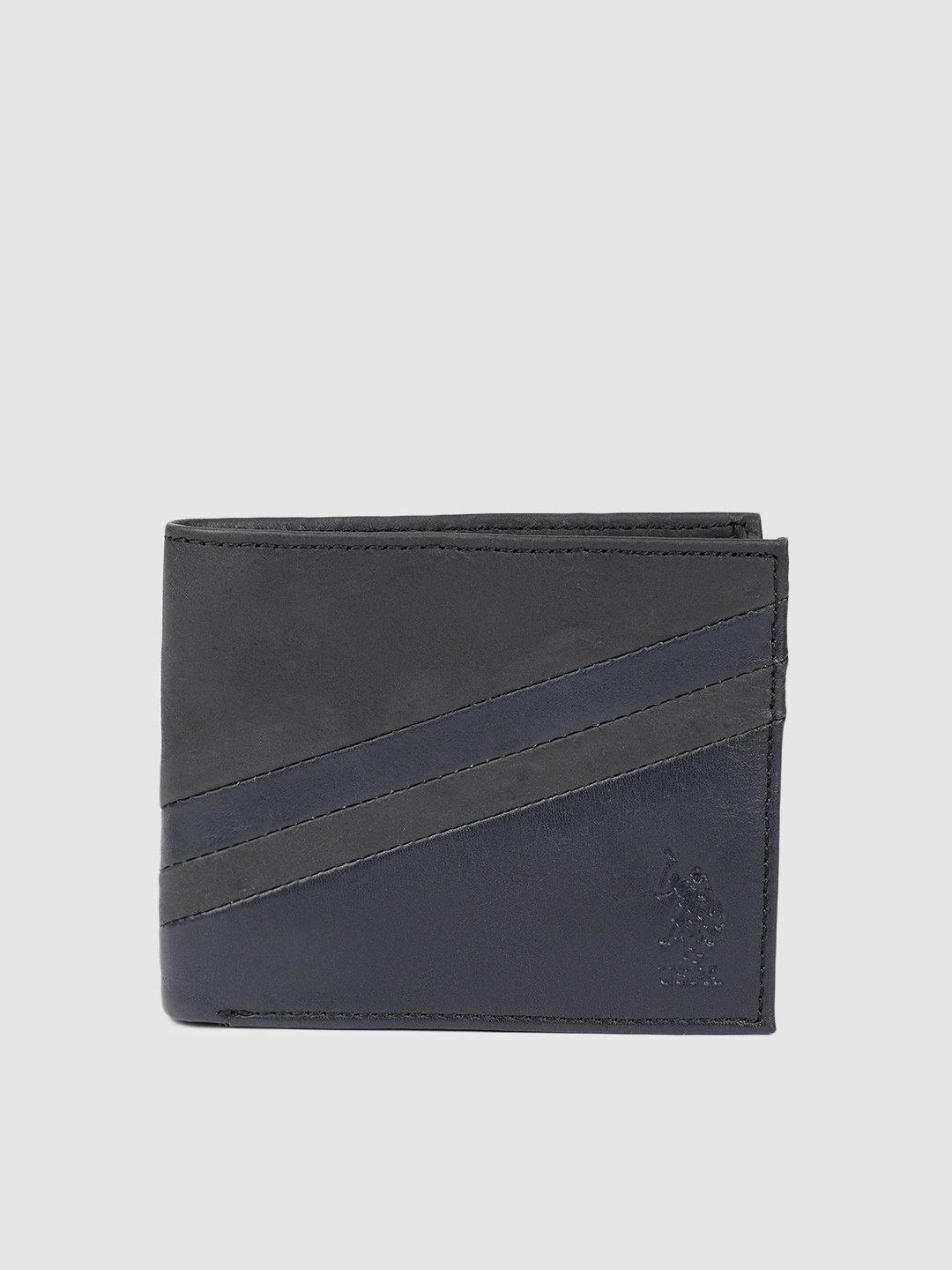 

U.S. Polo Assn. Men Navy Blue & Green Colourblocked Leather Two Fold Wallet