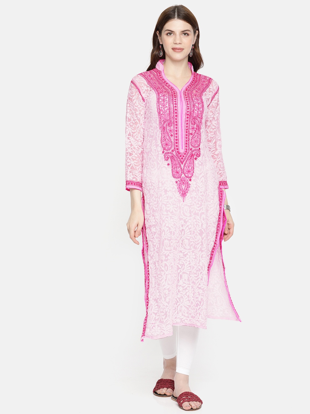 

ADA Women Pink & White Embroidered Straight Sustainable Kurta