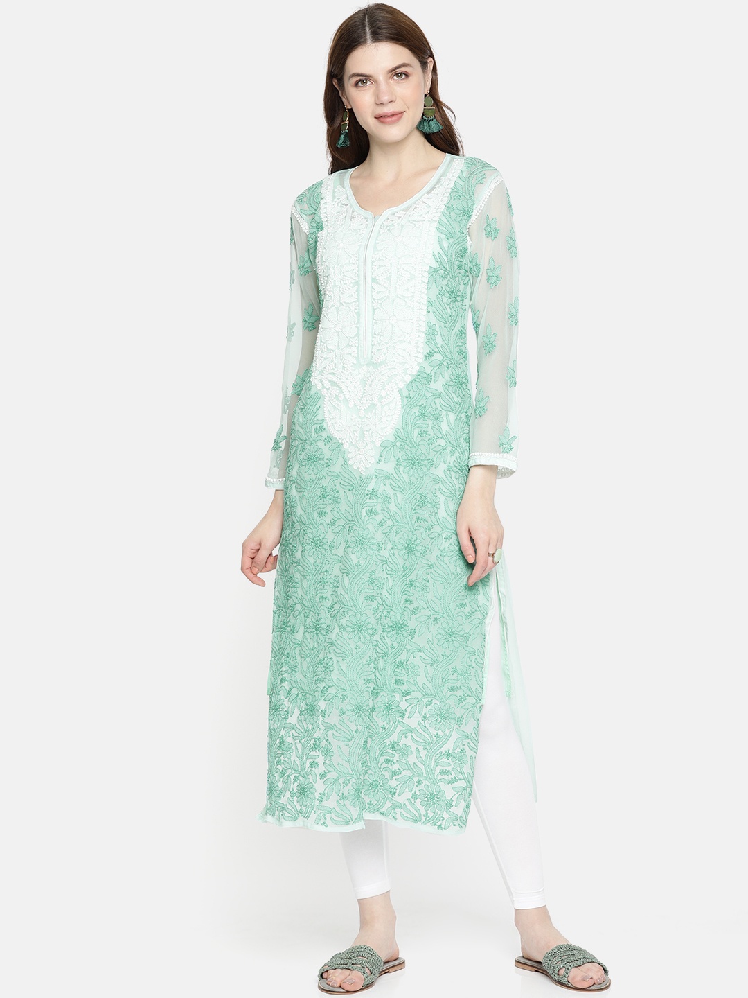 

ADA Women Sea Green & White Embroidered Straight Handloom Kurta With Slip
