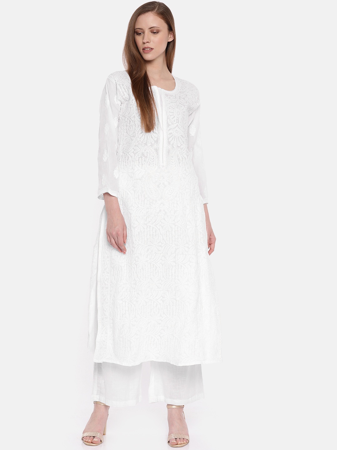 

ADA Women White Embroidered Straight Lucknowi Chikankari Sustainable Handloom Kurta