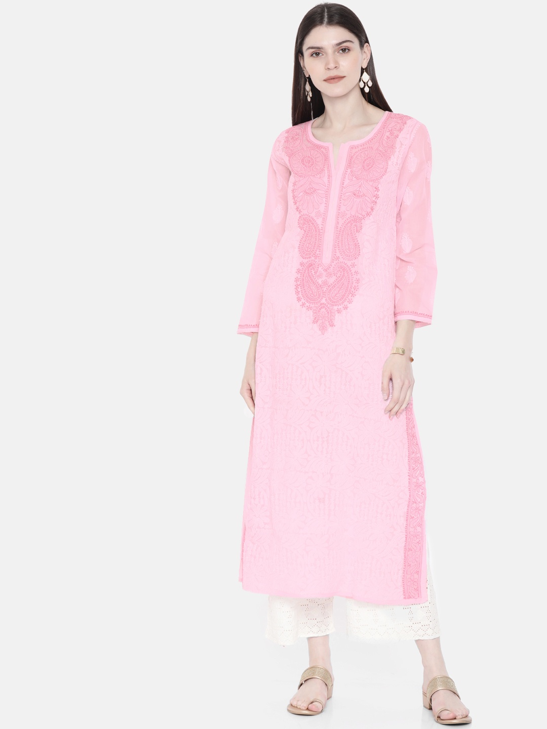 

ADA Women Pink Embroidered Chikankari Straight Sustainable Handloom Kurta