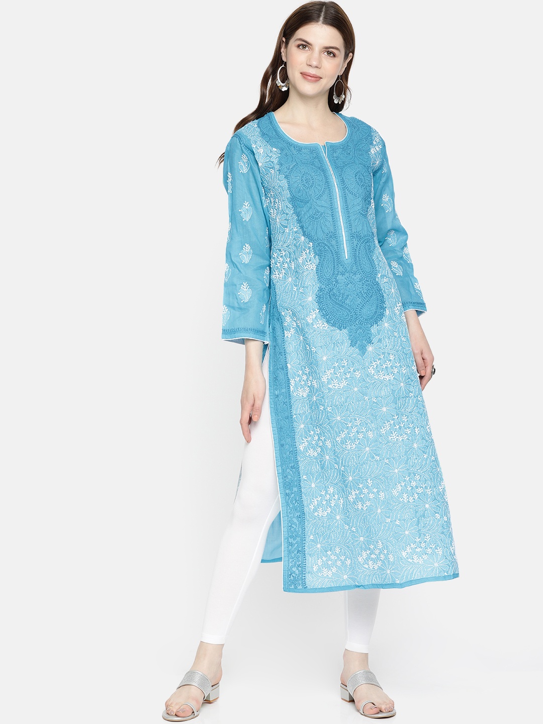 

ADA Women Blue & White Embroidered Straight Chikankari Sustainable Handloom Kurta