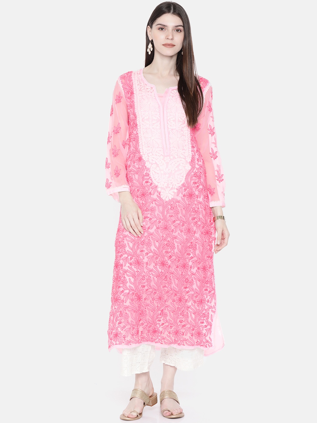 

ADA Women Pink & White Embroidered Straight Layered Chikankari Sustainable Handloom Kurta With Slip