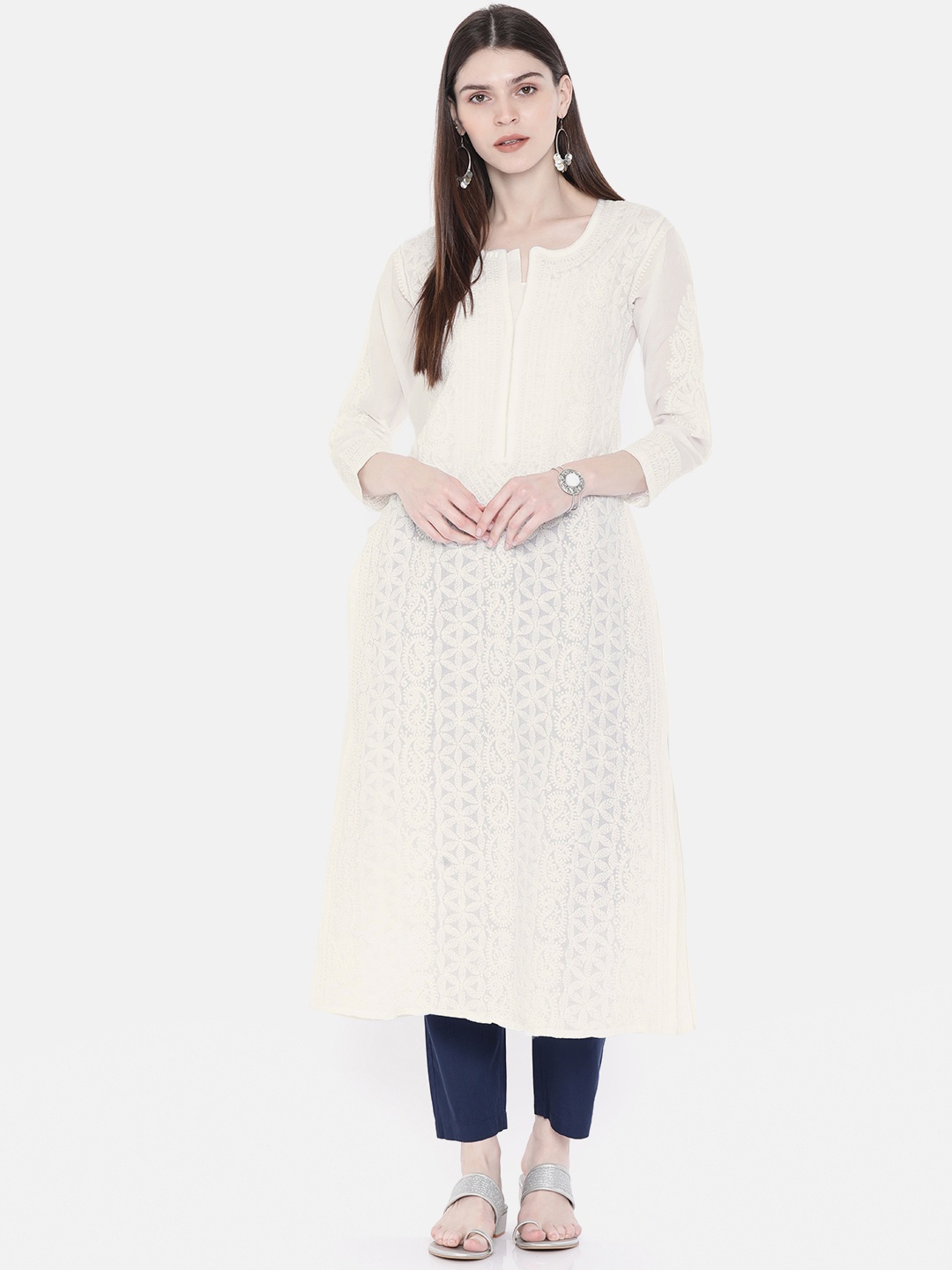 

ADA Women White Chikankari Embroidered Straight Sustainable Handloom Kurta