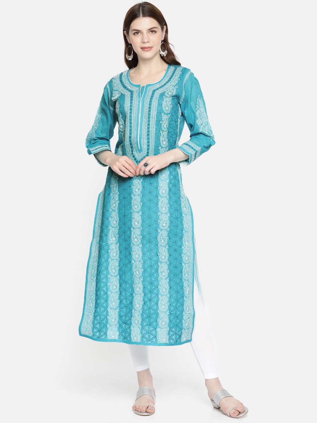 

ADA Women Blue & White Embroidered Straight Kurta