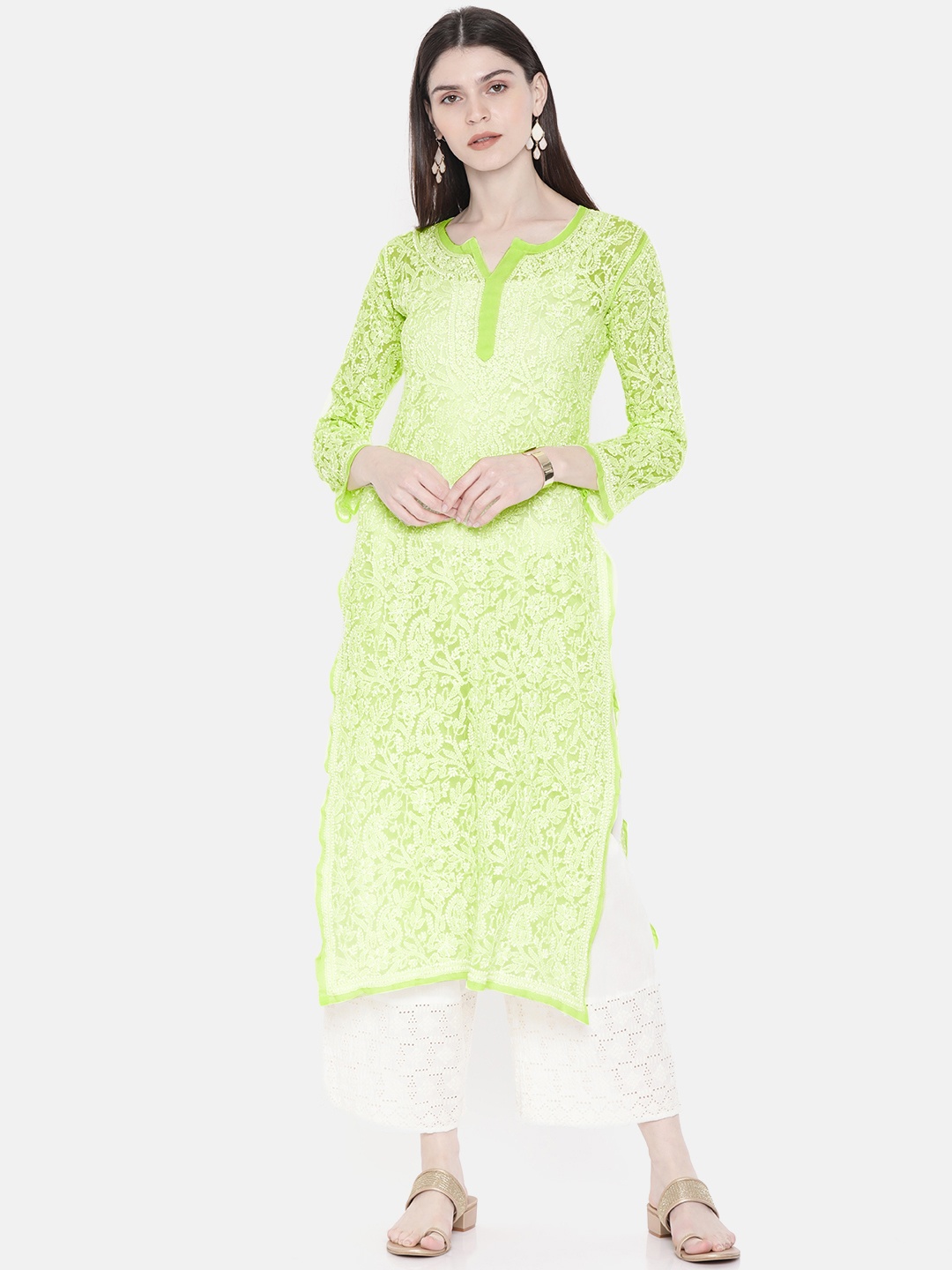 

ADA Women Fluorescent Green Lucknow Chikankari Embroidered Straight Sustainable Handloom Kurta