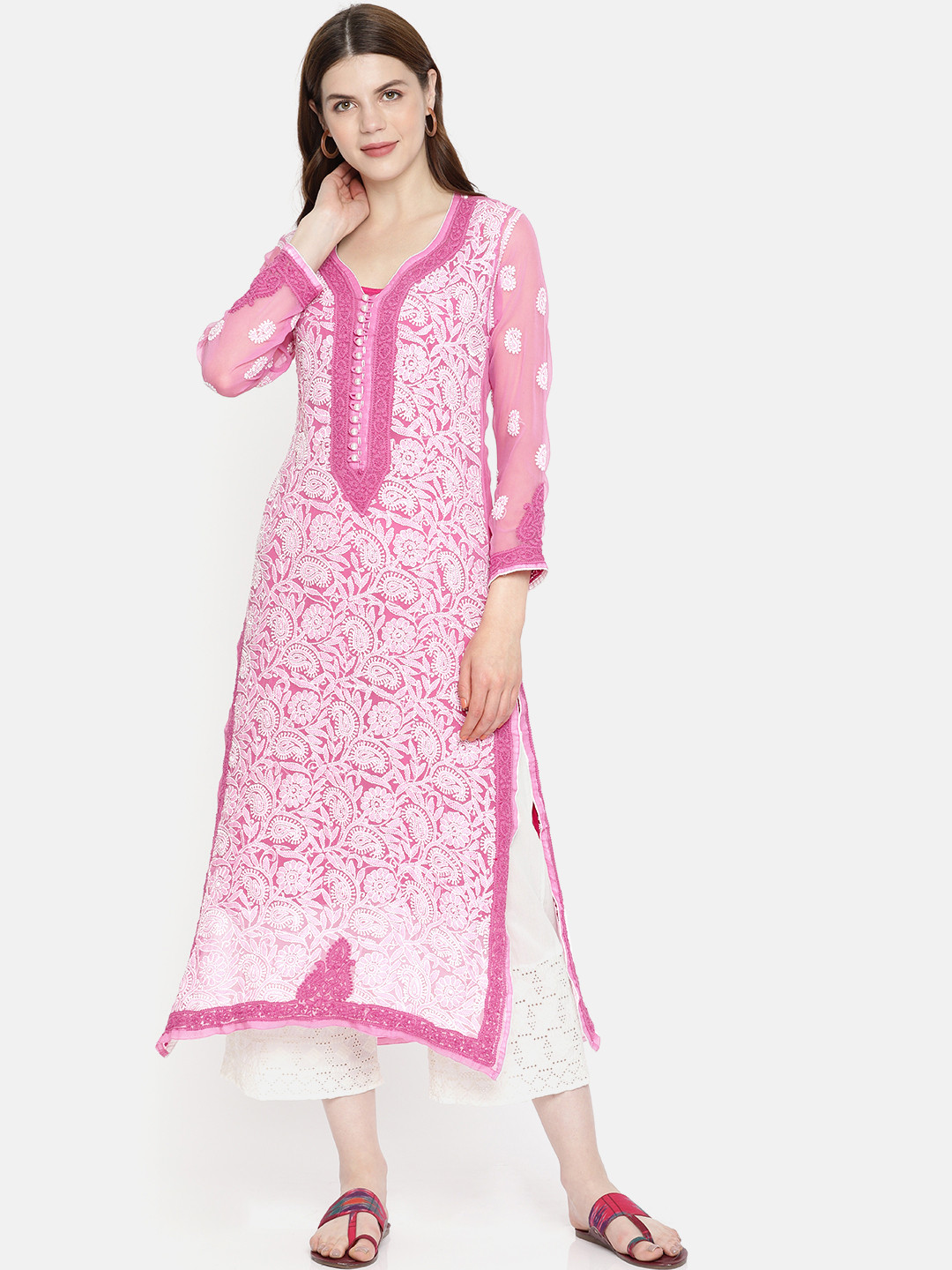 

ADA Women Pink & White Embroidered Straight Lucknow Chikankari Handloom Kurta