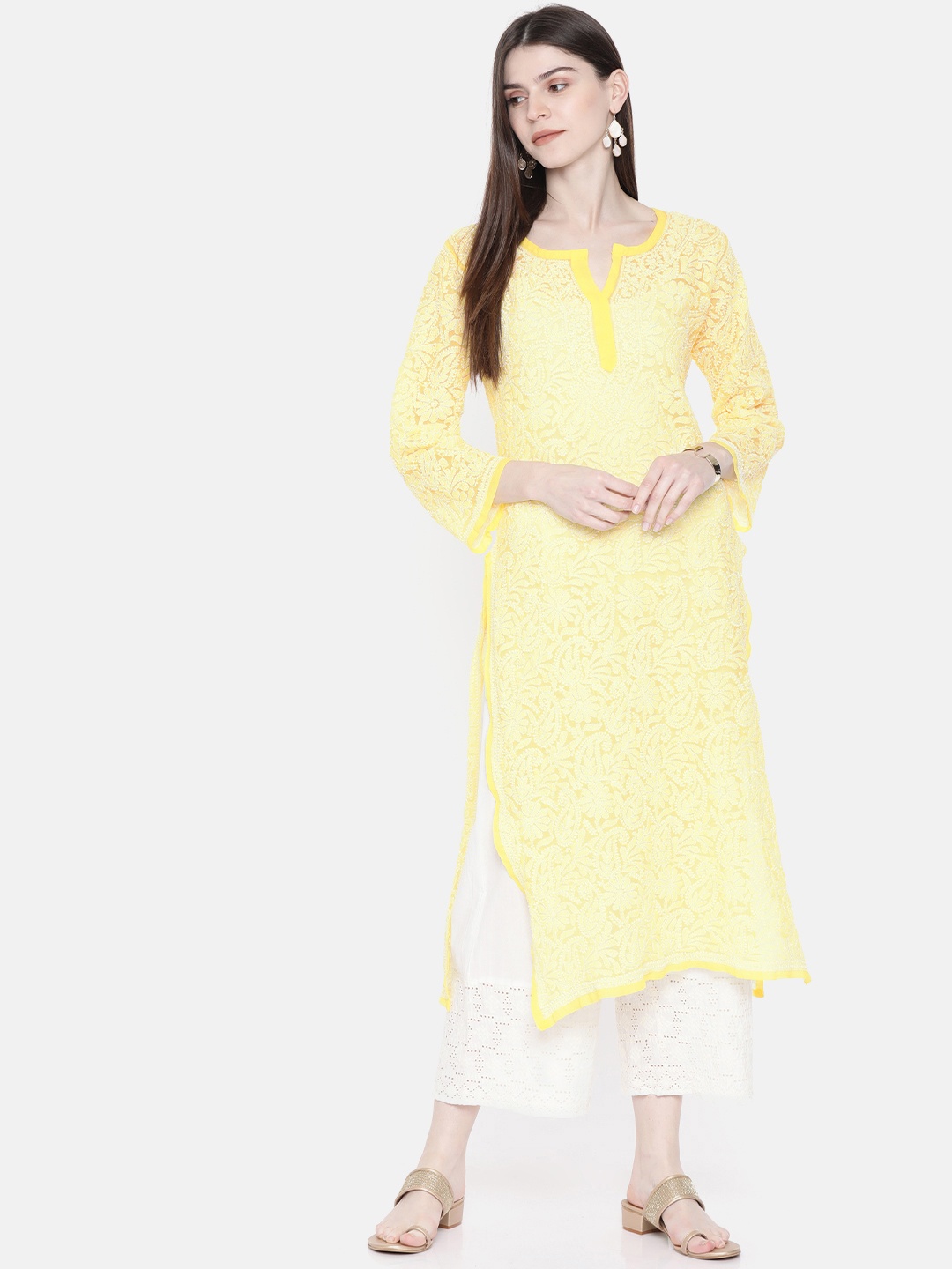 

ADA Women Yellow & White Embroidered Straight Chikankari Sustainable Handloom Kurta