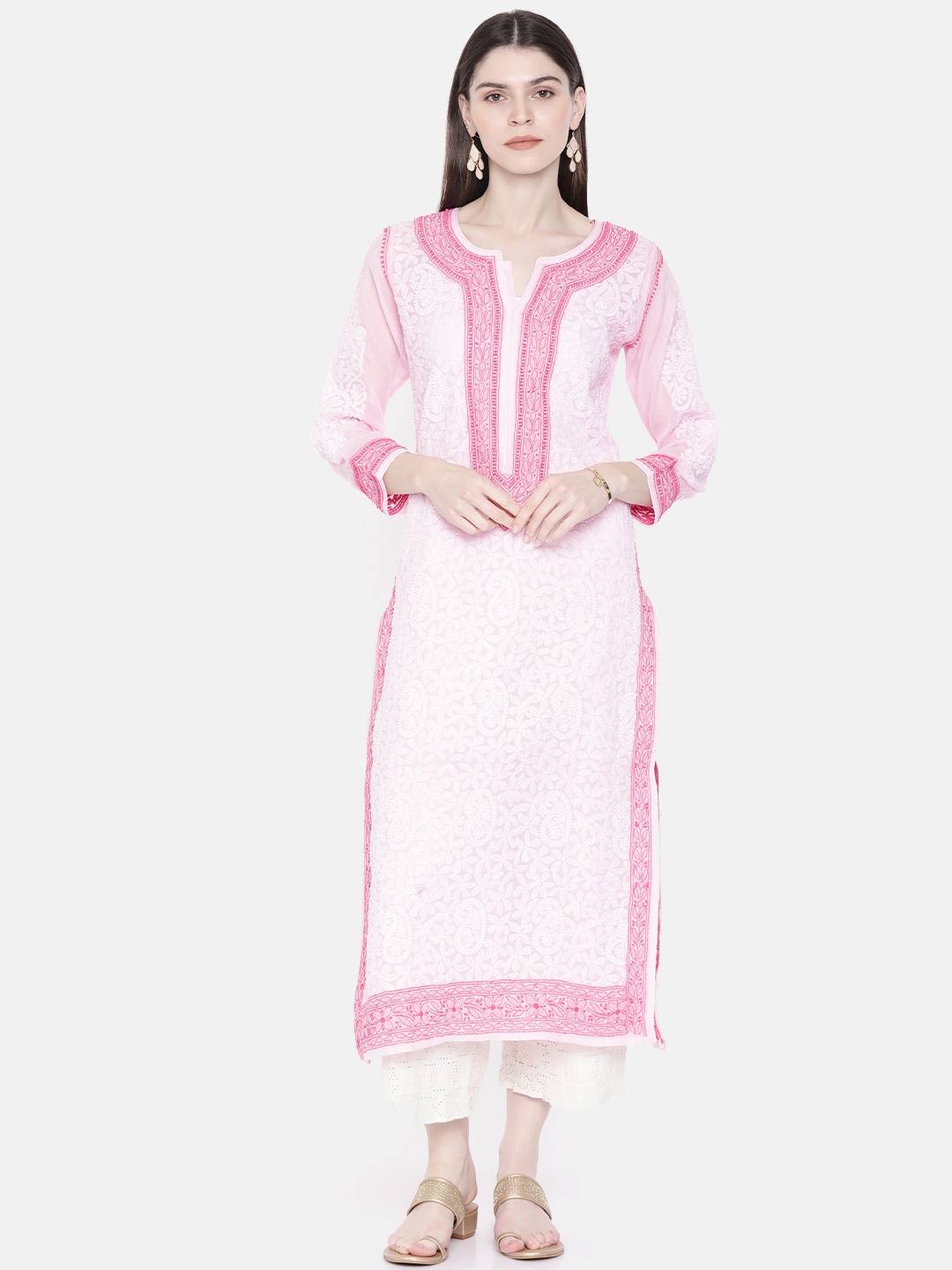 

ADA Women Pink & White Embroidered Straight Chikankari Sustainable Kurta