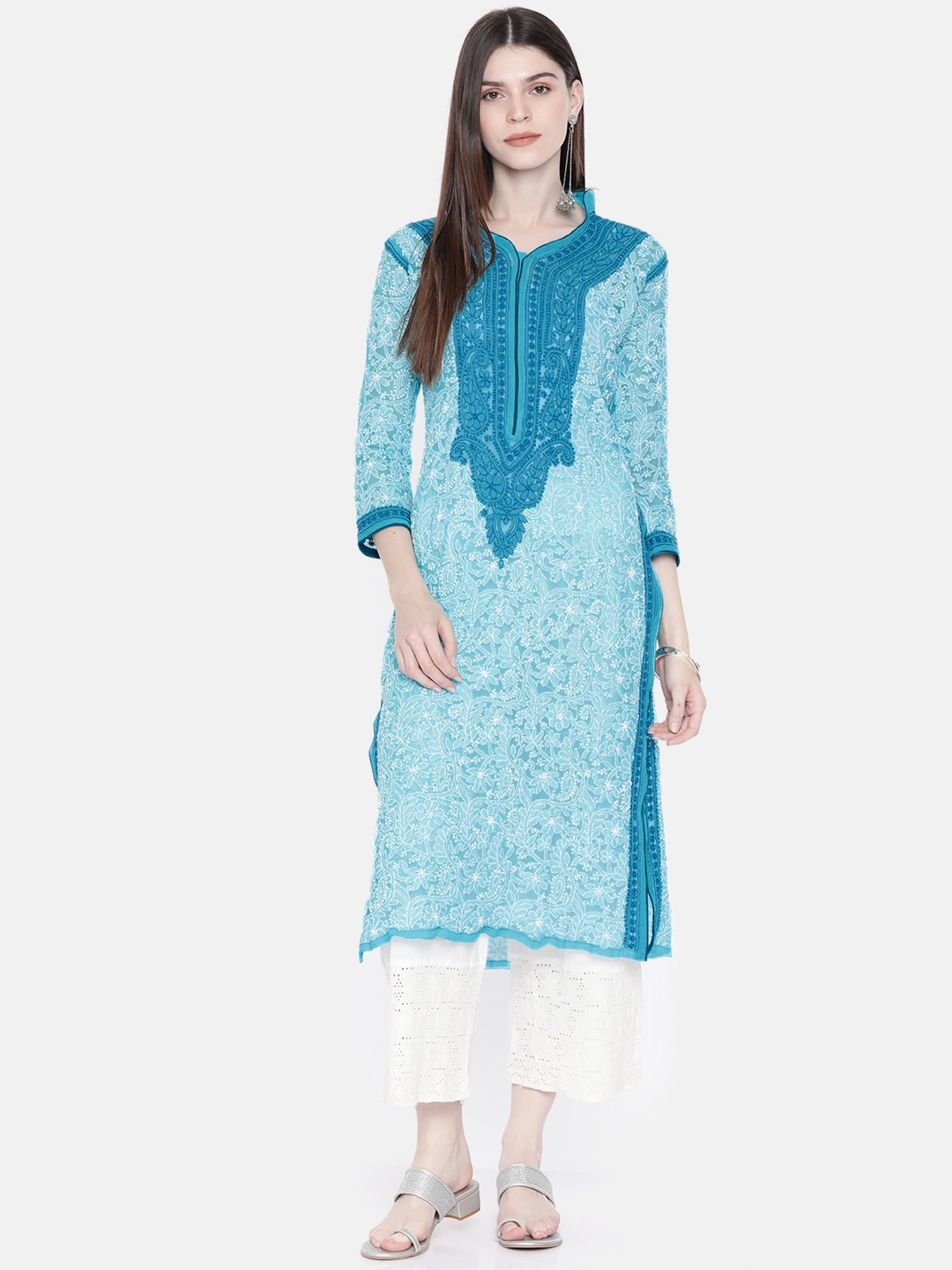 

ADA Women Blue & White Embroidered Straight Chikankari Handloom Kurta