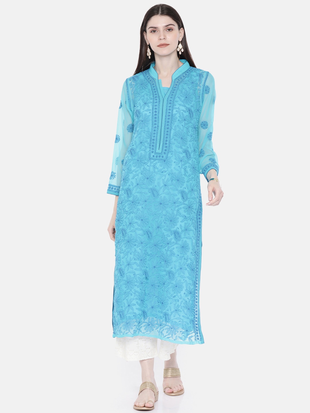 

ADA Women Blue Embroidered Lucknow Chikankari Straight Kurta With Slip