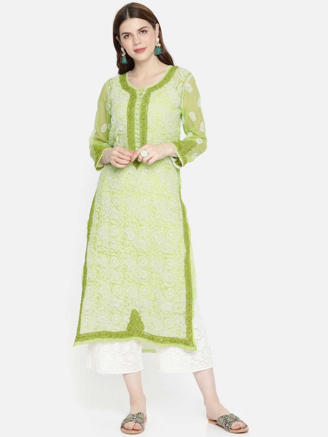 

ADA Women Green & White Embroidered Straight Layered Sustainable Handloom Kurta With Slip