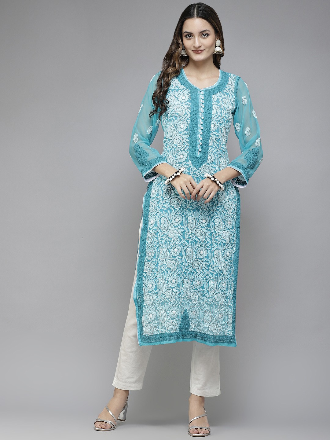 

ADA Women Turquoise Blue & White Embroidered Straight Lucknow Chikankari Handloom Kurta With Slip