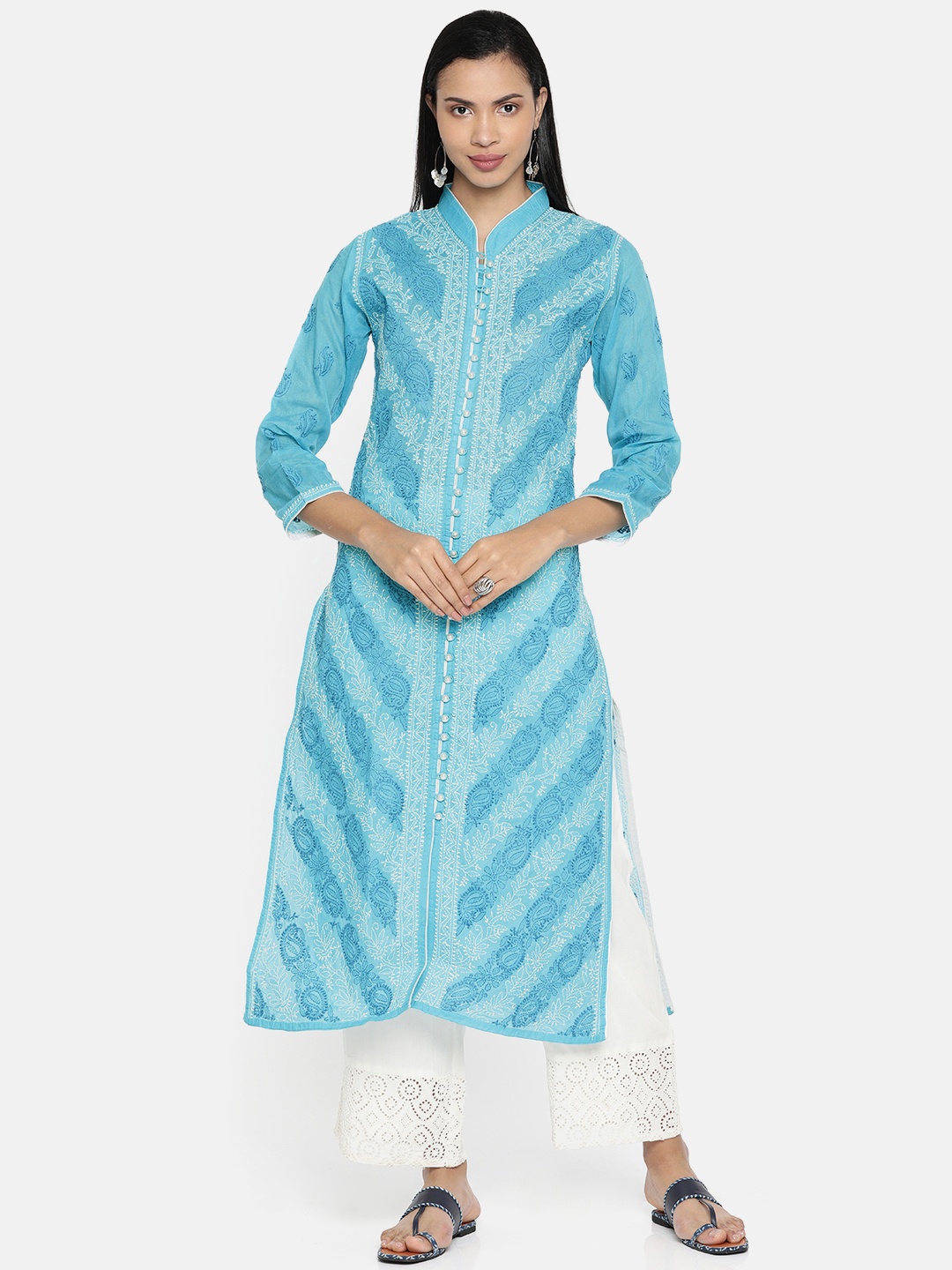 

ADA Women Blue & White Embroidered Straight Sustainable Handloom Kurta