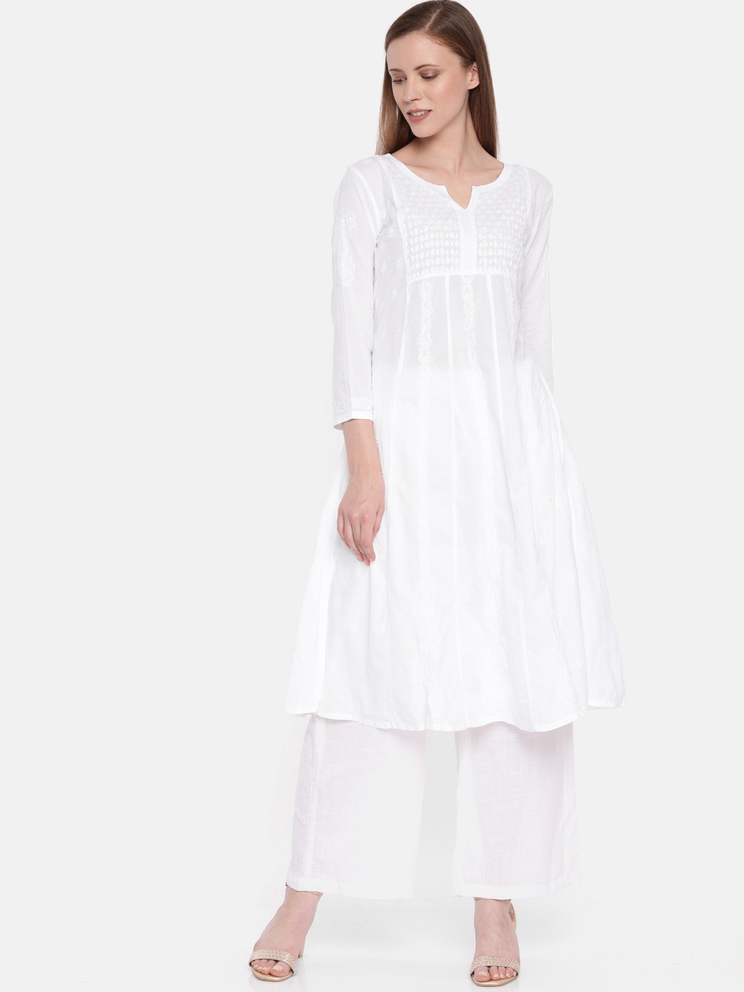 

ADA Women White Embroidered A-Line Lucknowi Chikankari Sustainable Handloom Kurta